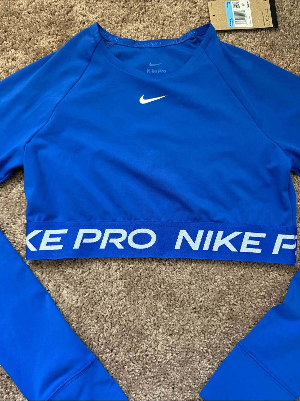 Nike Pro Dri-FIT Women's Cropped Long Sleeve Crew Neck Stretch Top Blue M Gym